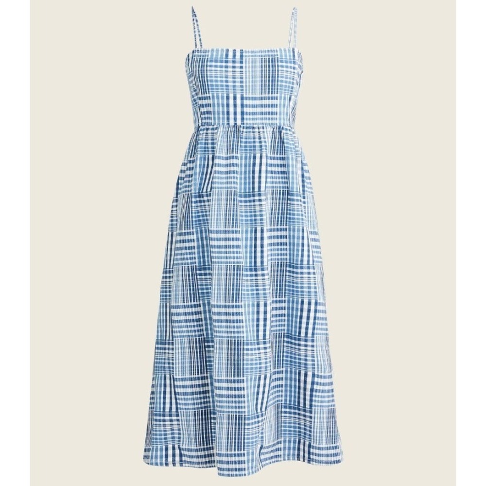 J.Crew 6 A-Line Midi Dress Blue Patchwork Plaid Smocked Back Pockets Summer Prep